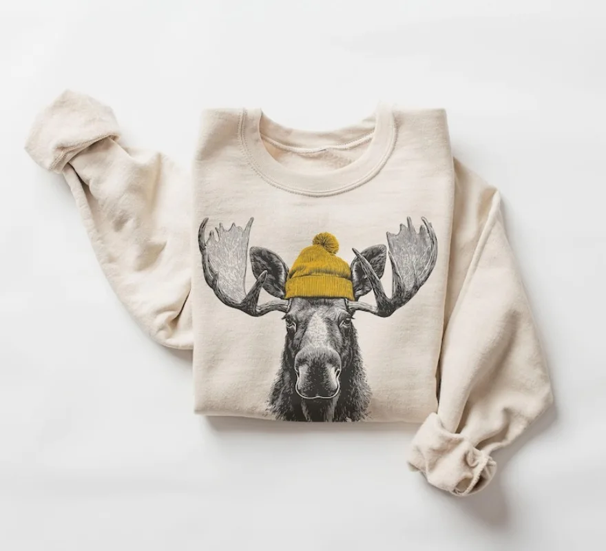 

Bull Wearing Beanie Sweatshirt Mountain Wildlife Crewneck Sweater Camping Hiking Jumper Retro 80s Funny Pattern Sweater