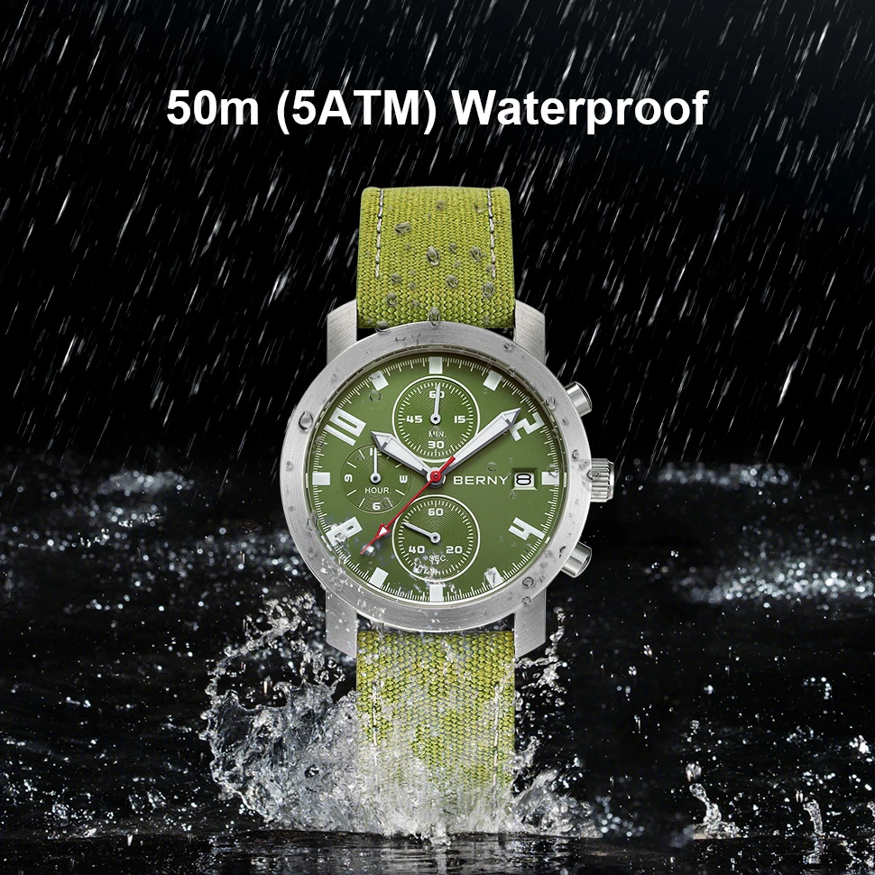 5ATM BERNY Military Army Watch For Mens Sapphire Chronograph Quartz Wristwatch Super Luminous Military Army Men Sport Watches