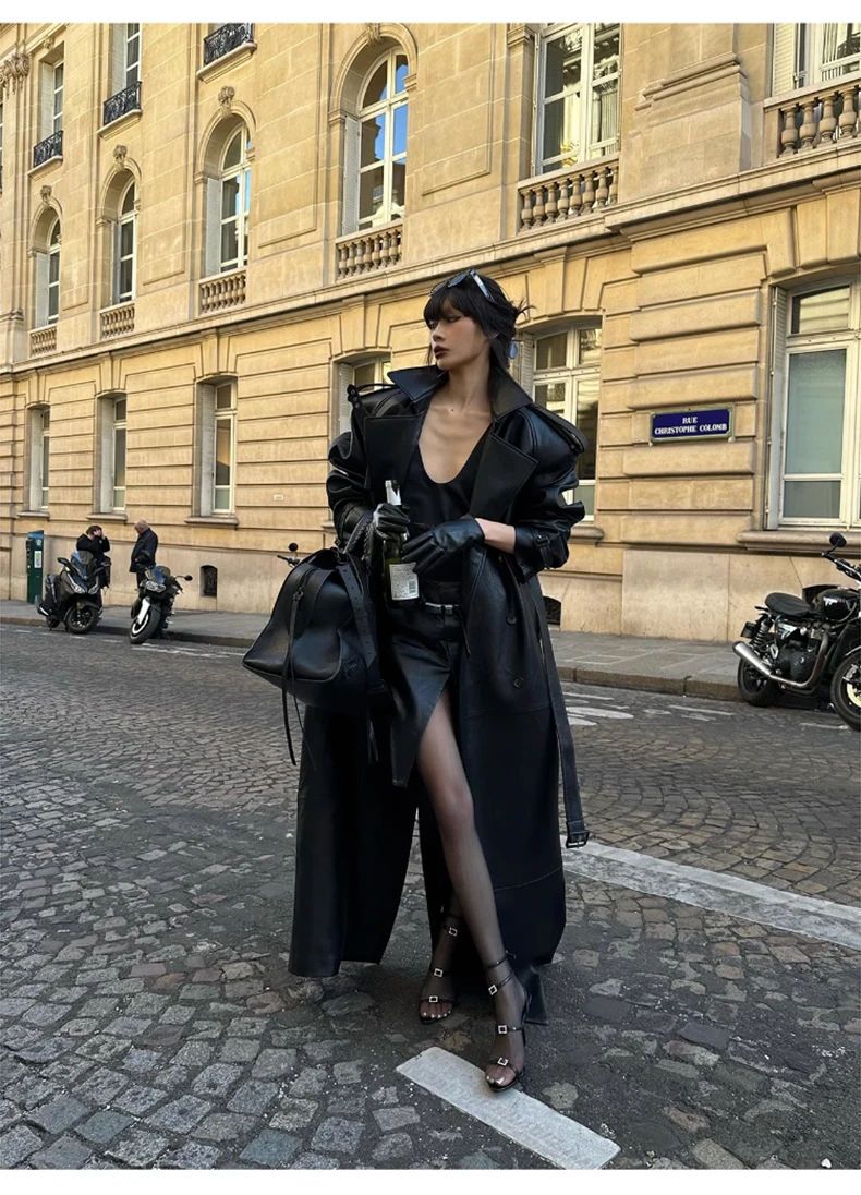 Lautaro Spring Autumn Extra Long Black Pu Leather Trench Coat for Women with Back High Slit Luxury Chic European Fashion 2024
