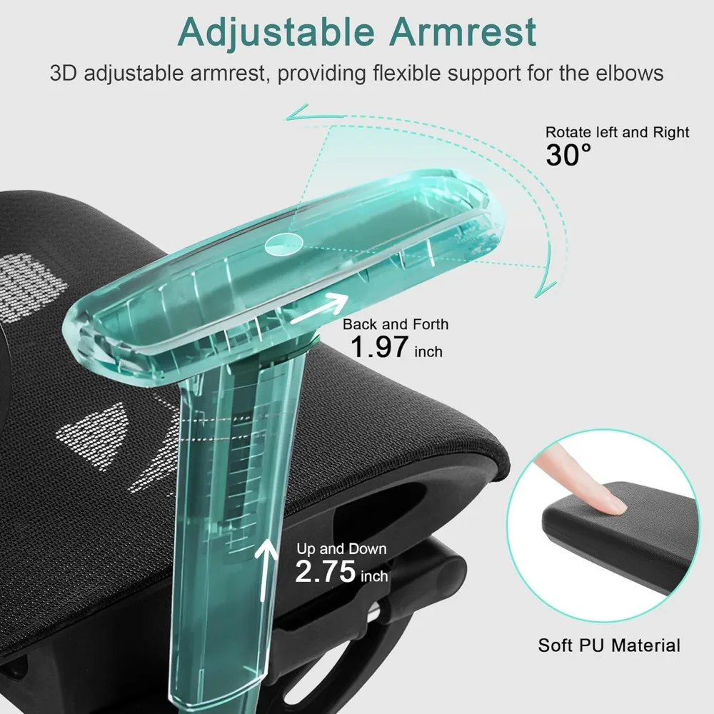 كرسي مكتب شبكي مريح عالي الظهر مع مسند قدم قابل للسحب، ودعم قطني قابل للتعديل، وآلية إمالة، وضبط ثلاثي الأبعاد