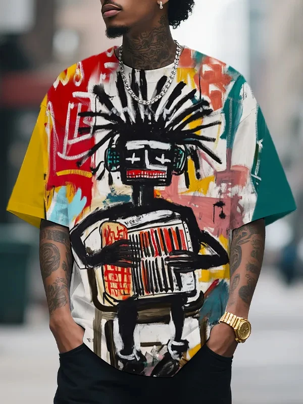 Men's 3D Art Painting Art Graffiti Print Round Neck Short Sleeve T-shirt Summer Trendy Casual All-match Daily Top Polyester