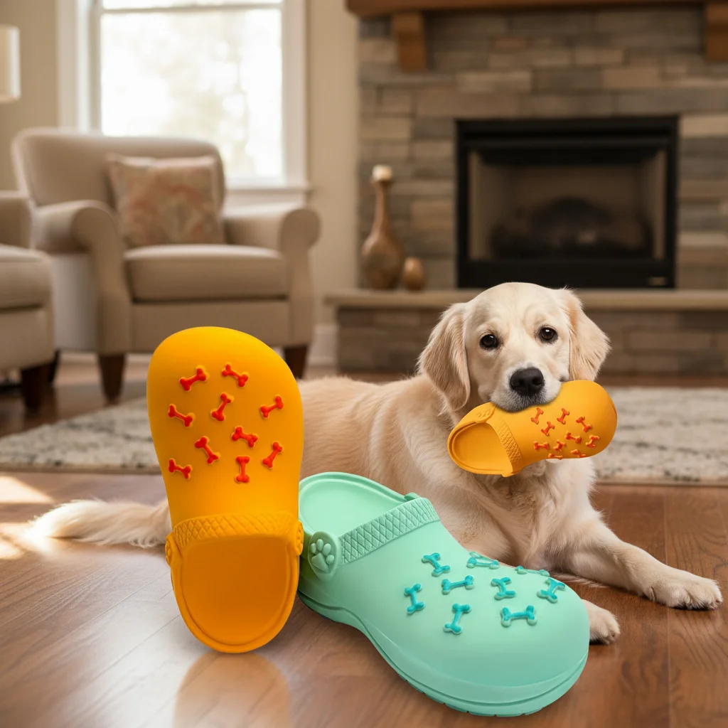 

Durable Rubber Slippers-Shaped Chew Toy, Teeth Cleaning & Training, Indoor/Outdoor Play for Small, Medium, Large Dogs & Puppies