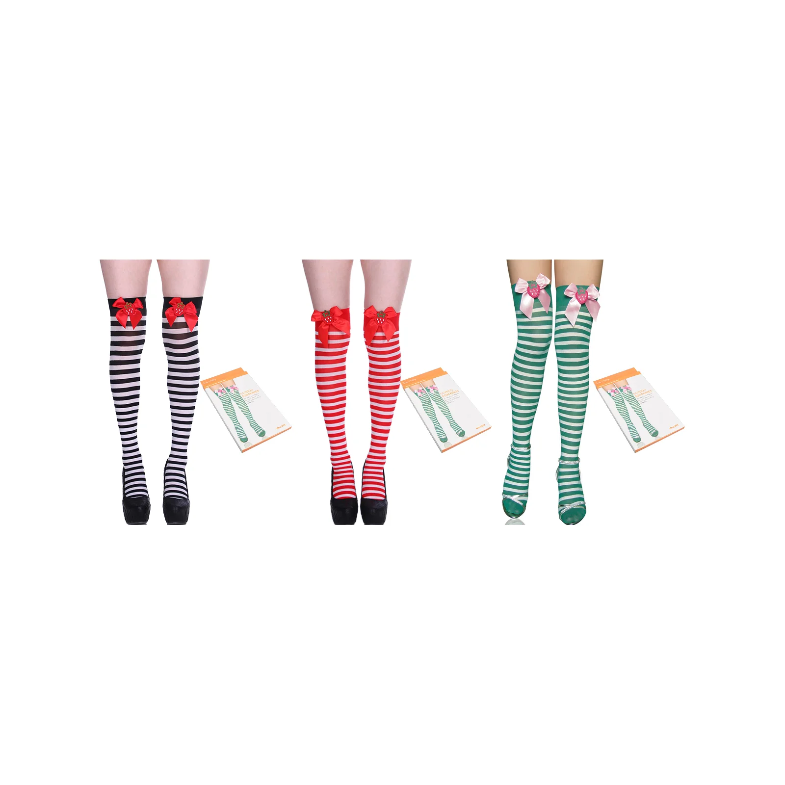 

Комплект из трех цветов: чулки в рубчик с бантом в стиле Лолита (черно-белые, красно-белые, зелено-белые полосы, по одному каждого цвета)