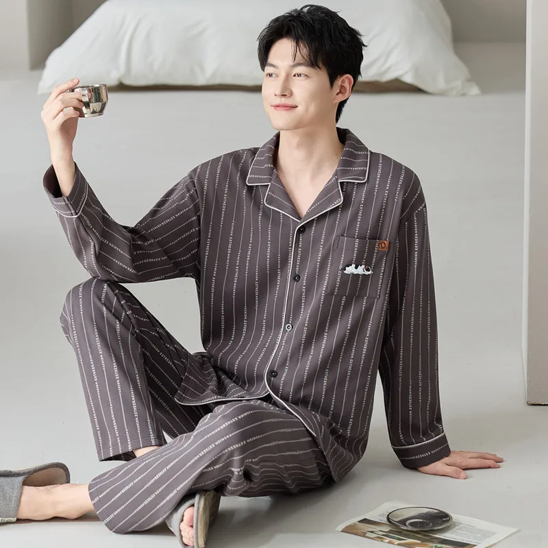 

Striped Cotton Nightwear for Men Autumn Cardigan Elegant Pajamas Male Big Size L-4XL Sleepwear Turn Down Collar Lounge Set