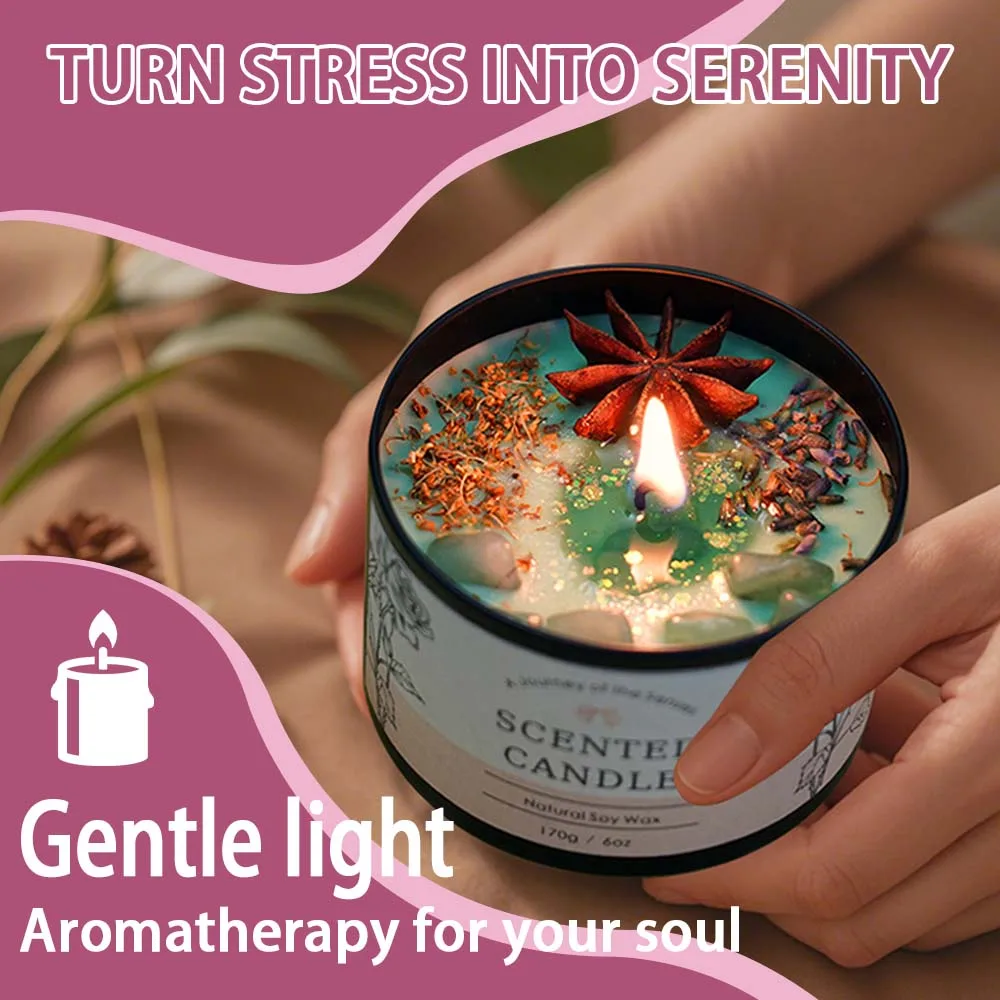 Świeca aromaterapeutyczna z kryształkami, świeca zapachowa z suszonymi kwiatami - wosk sojowy z olejkami eterycznymi, redukcja stresu i pomysł na prezent