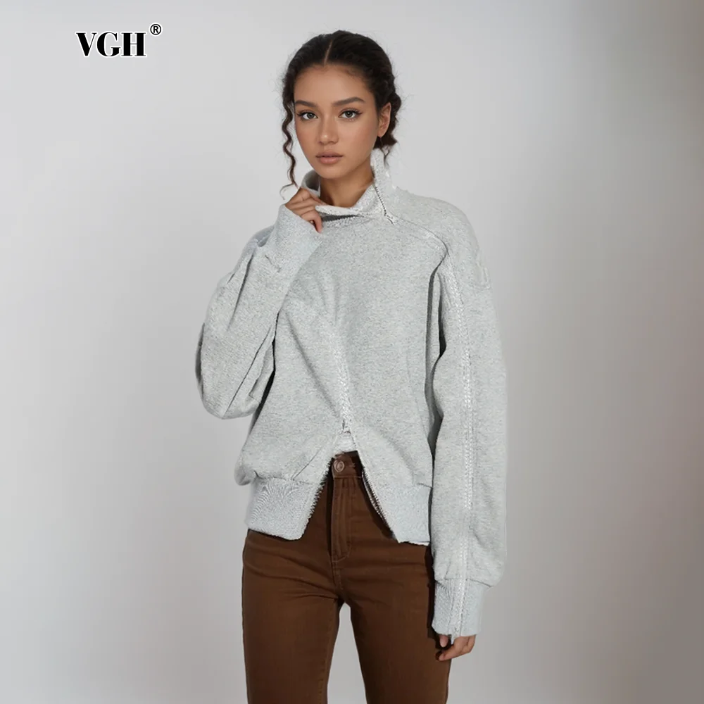 VGH Solid Chic Loose Sweatshirts For Women Turtleneck Long Sleeve Patchwork Zipper Irregular Design Sense Sweatshirt Female New