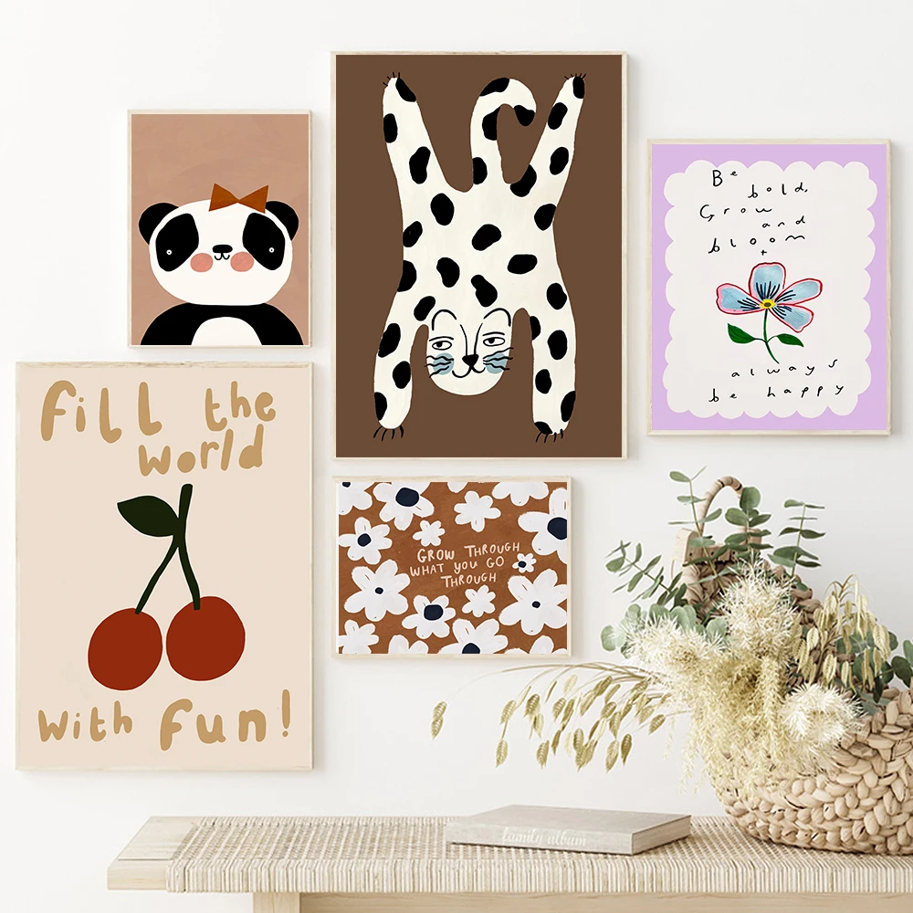 Cartoon Mouse Cheetah Panda Bird Wall Art Canvas Painting Nordic Posters And Prints Flowers Quotes Pictures for Kids Room Decor