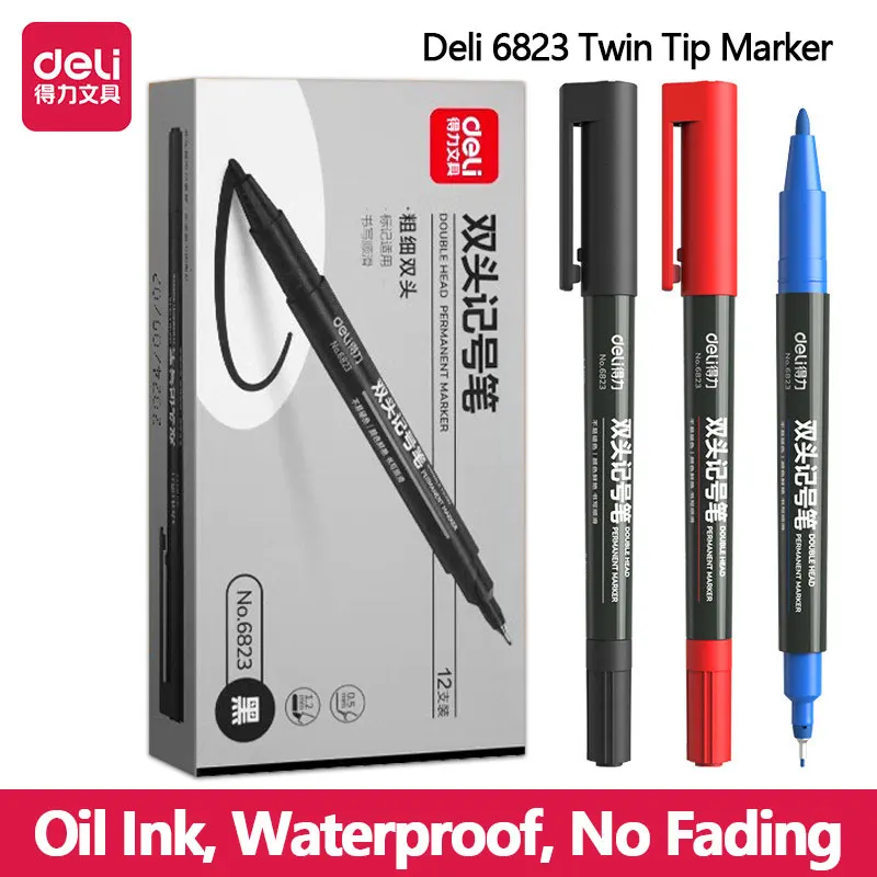 Deli 6823 Double Ended Marker Black Fineliner Student Art Oil Based Small Tip Fine Tip Marker Painting