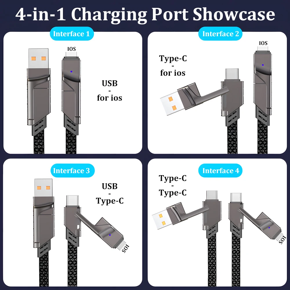 急速充電データケーブル,タイプC, USB, iOS,データ伝送,ユニバーサル,急速充電ワイヤー,4 in 1, 65W, 2m