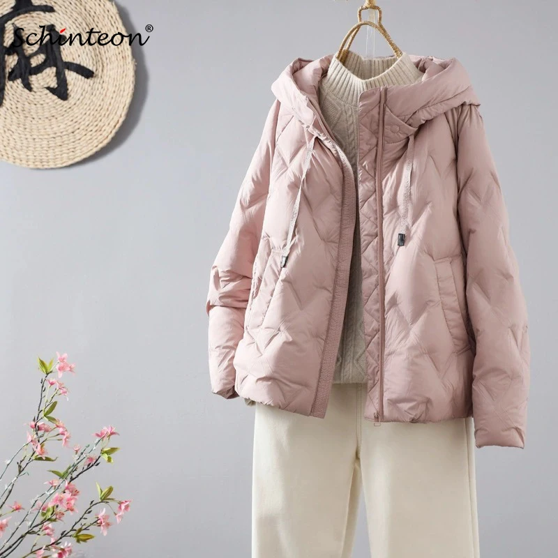 Schinteon Women Light 90% White Duck Down Jacket Casual Loose Autumn Winter Outwear with Hood Korean Style Coat 2026 New
