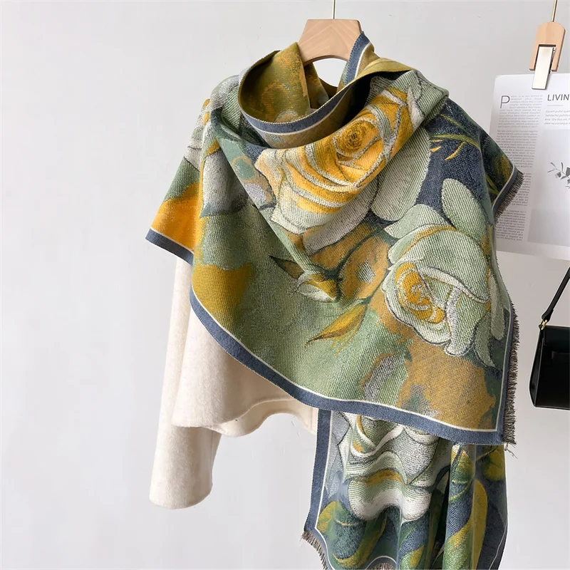 Luxury Warm Poncho Cashmere Winter Women Scarf Floral Print Shawl Wraps Female Thick Pashmina Blanket Bufanda Travel Echarpe