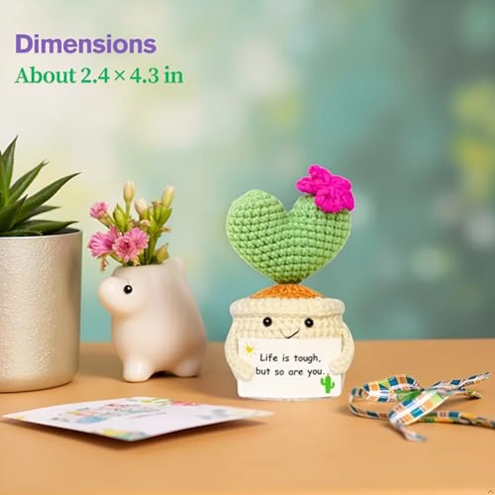 Get Well Gifts for Women, Handmade Crochet Cactus– Plush Plant Gift with Encouragement Card for Desk