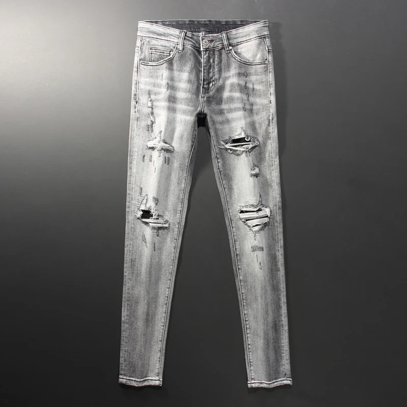 

Fashionable new jeans full of elastic perforated patches, nostalgic washing, retro black gray men's jeans, hip-hop brand pants