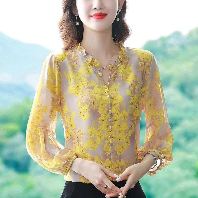 

Spring Floral Chiffon irt Women's Long Sve Cleanfit Sle Poly Fabric A-Line Sve Thin Thin Non-Stretch Ladies' irt