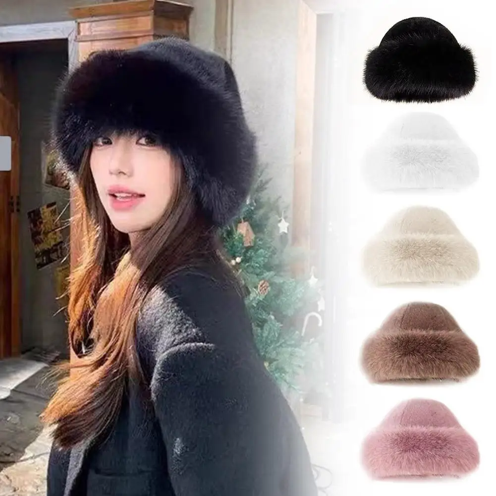 New Winter Plush Fisherman Hat Women Thick Fluffy Fur Panama Windproof Warm Cap Cap Basin Female Ear Headgear Protection A5H7