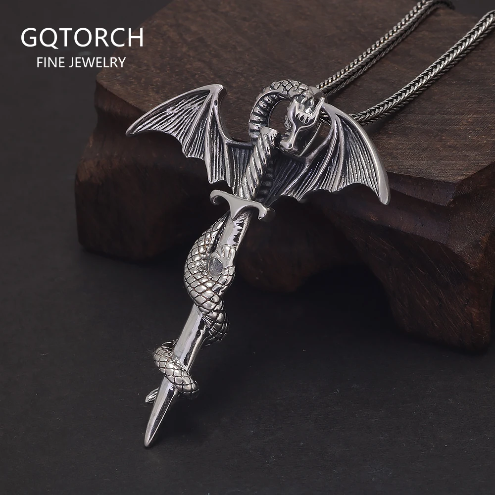 

Genuine S925 Sterling Silver Viking Sword Dragon Pendant Necklace for Men Women Retro Punk Long Chain Jewelry Best Gift