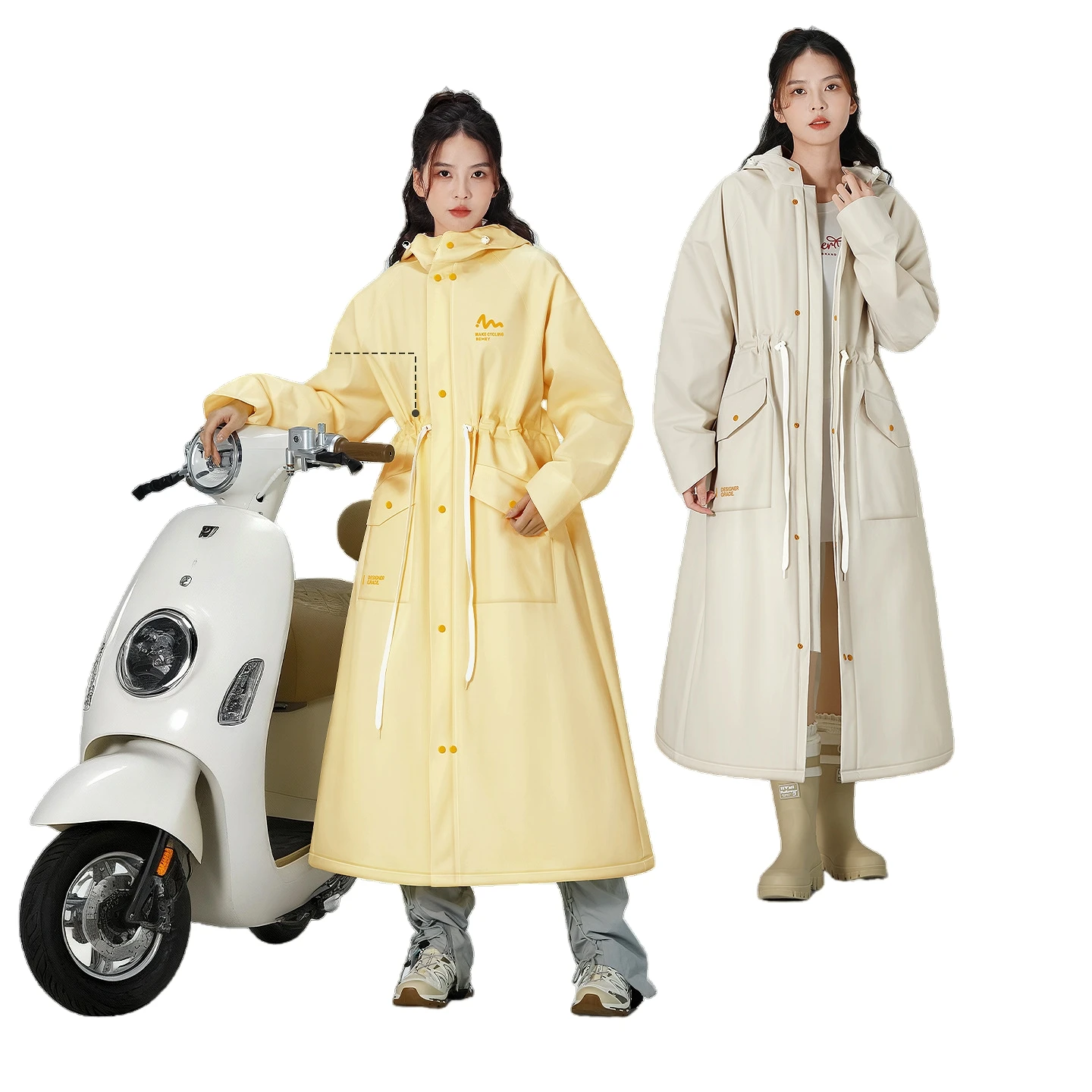 Women Adult Long Waist Hooded Raincoat Rainstorm Proof Full Body Coat Electric Scooter Bike Commute Rain Poncho