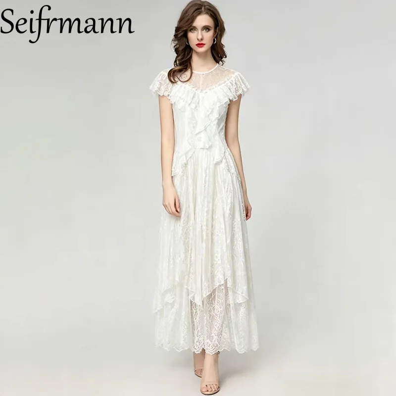 Seifrmann 2026 summer women's new fashionable round neck short sleeved lace pleated waist cinched mid length dress