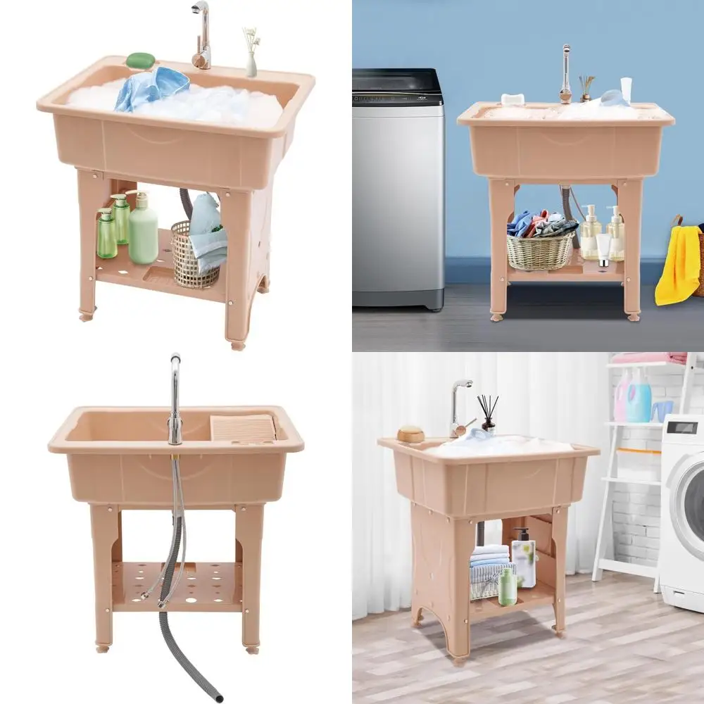 현대식 세탁실용 욕조, 넓은 싱크대와 수납 선반이 있는 효율적인 세탁 공간