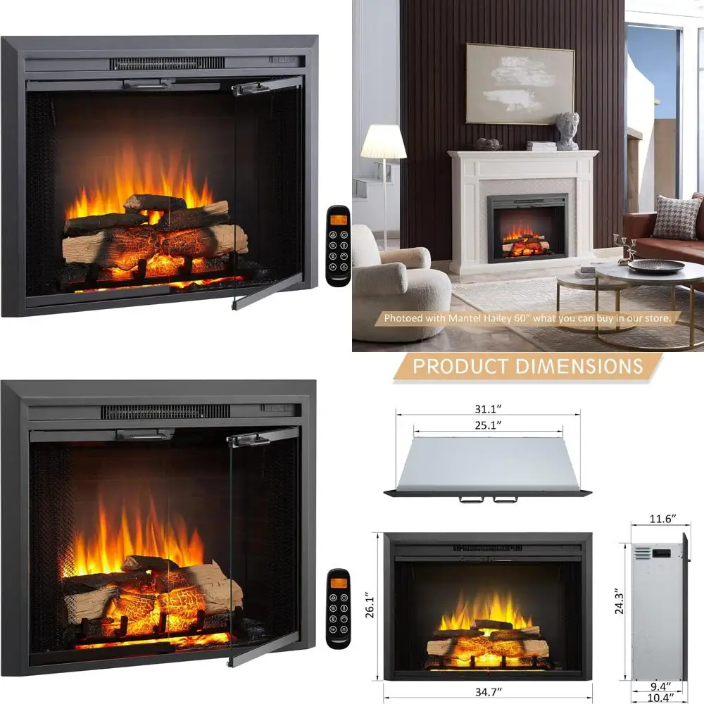 Inserto per caminetto elettrico Damon 35W - Calore regolabile 750/1500W, porta in vetro e schermo a rete