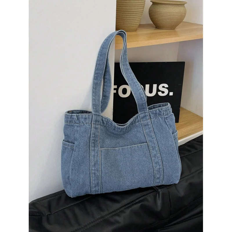 

1pc High-Quality Blue Shoulder Tote , Large Capacity Canvas Work/Casual Bag, Simple & Versatile Women Handbag