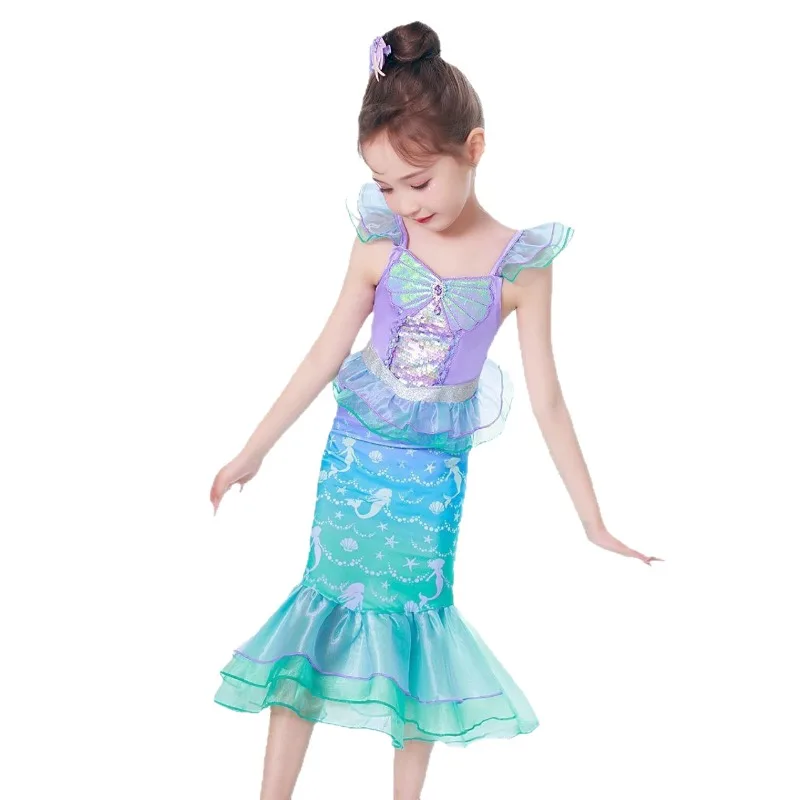 

Girls Mermaid Princess Dress Flutter Sleeve Sequin Tulle Kid Summer Vacation Outfit For Stage Performance Beach Holiday Playwear
