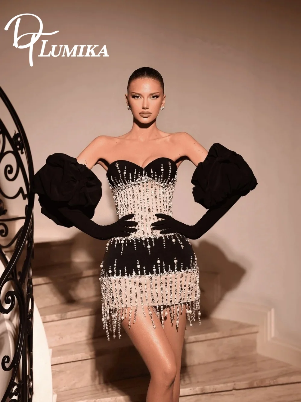 

Vintage Black White Mini Dress 2026 Strapless Sweetheart Neck Pearl Fringe Cocktail Dress NO Gloves For Club Party فساتين سهرة