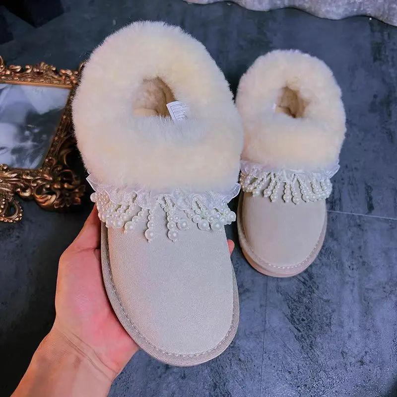 Luxurious pearl tassel lace beaded snow boots, oversized thickened casual and comfortable women's cotton shoes 35-40