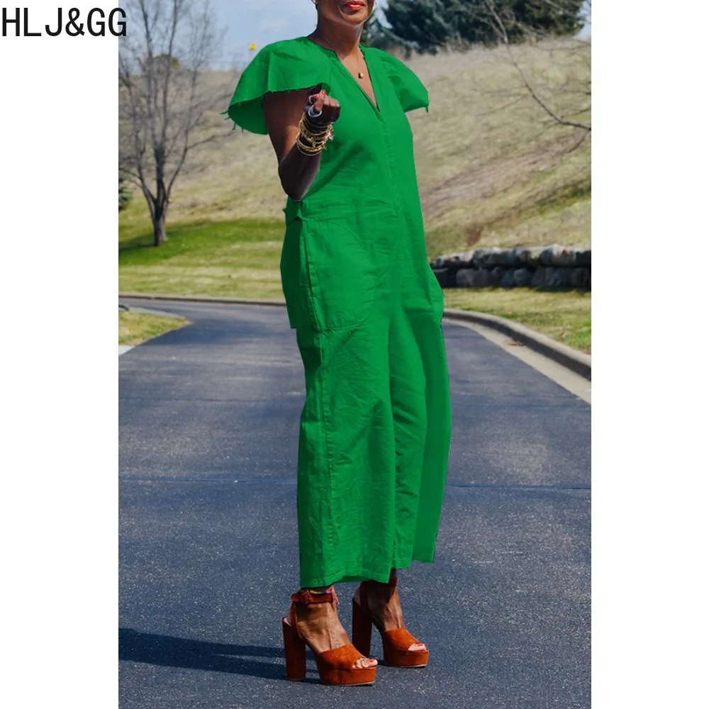 HLJ&GG Spring New Solid Loose Pocket Jumpsuits Women V Neck Short Sleeve Straight Playsuits Casual Female Matching Streetwear