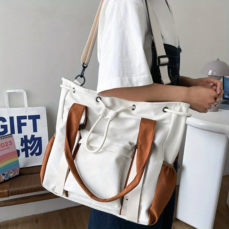 Large Capacity Nylon Student Class Tote Bag, Contrast Color Handbag, Simple Commuter One-Shoulder Bag, Casual Crossbody Bag