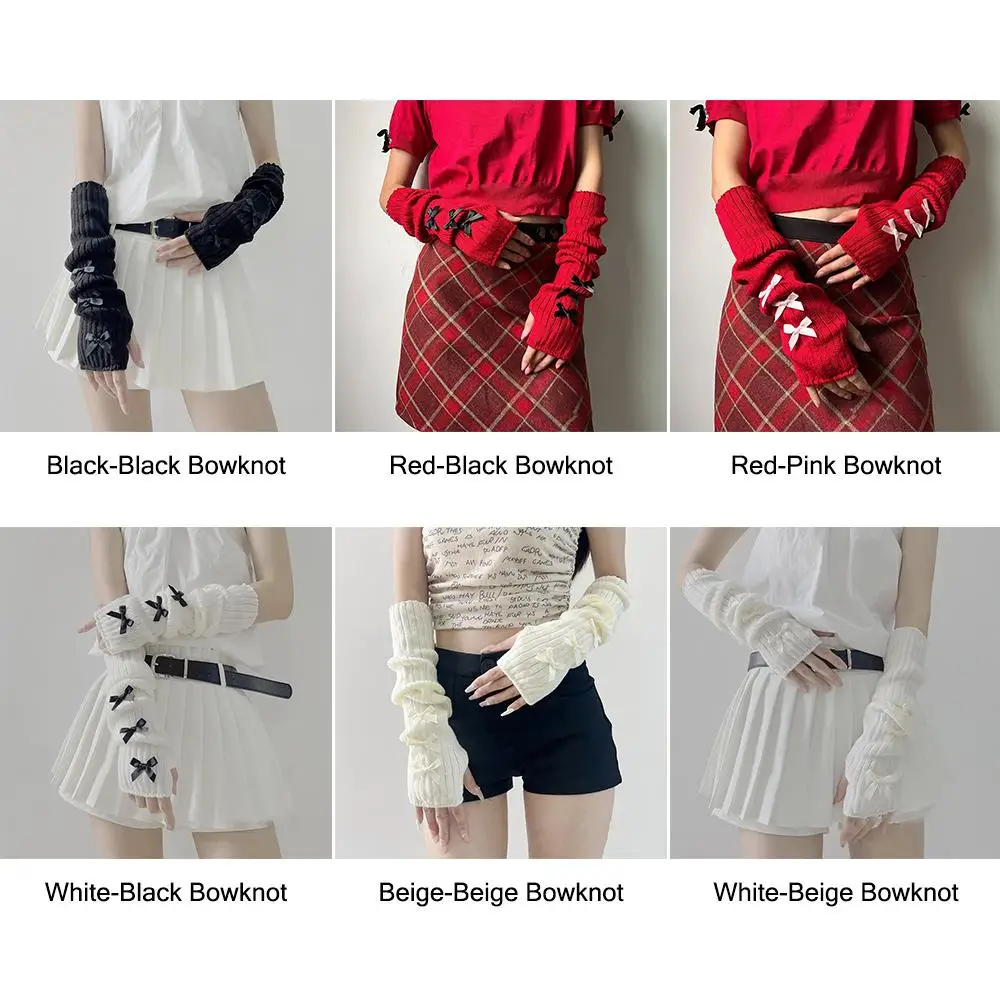 PUNK Lolita Bowknot แขนอุ่นญี่ปุ่น Harajuke Gothic แขน Y2K หวานถักแขนยาว Fingerless Mittens สําหรับผู้หญิง
