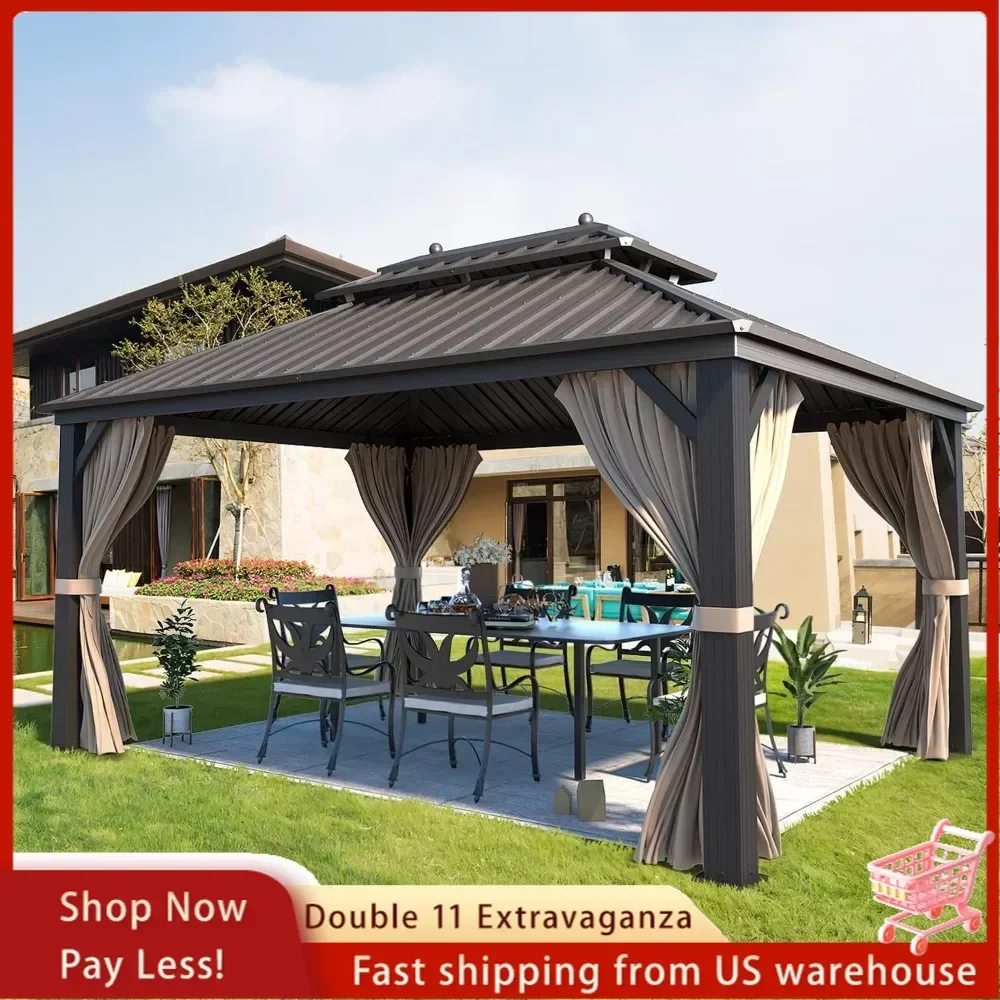 

10' X 13' Hardtop Gazebo Galvanized Steel Outdoor Patio ,Gazebo Canopy Double Roof Pergolas Aluminum Frame with Netting