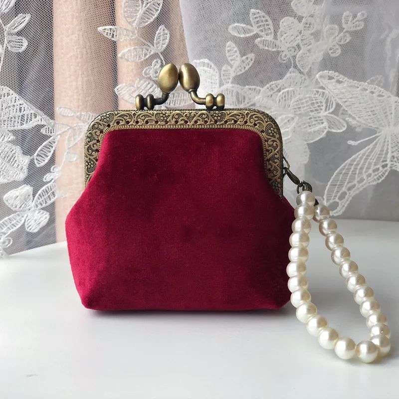 Lost in Vintage Metal Frame Coin Purse Burgundy Velvet Kisslock Fabric Pouch Wallet Makeup Bag Small Clutth with Parls Chains