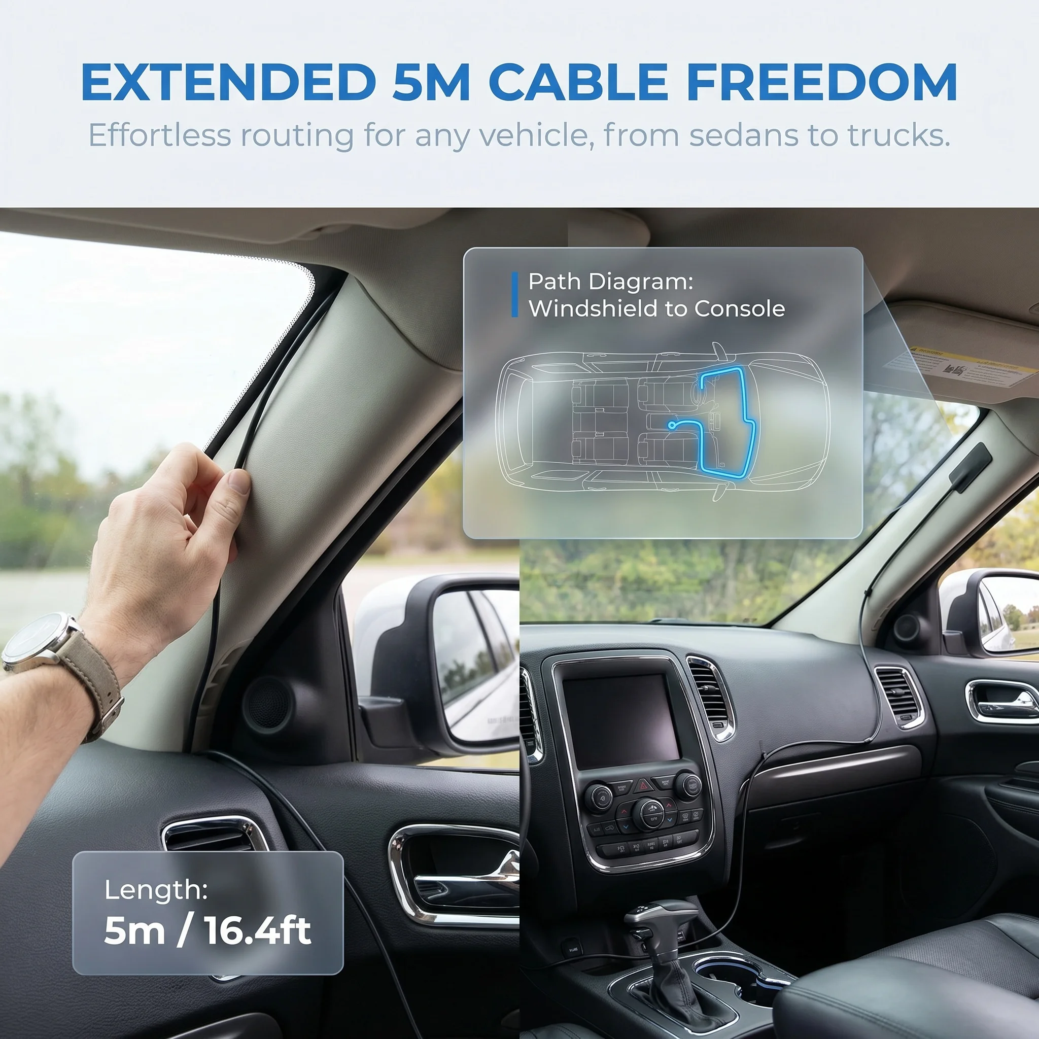 Car FM AM Antenna, Built-in Signal Amplifier, Ultra-Thin Adhesive Mount, 5m RG174 Cable, DIN Plug Hidden Windshield Radio Aerial