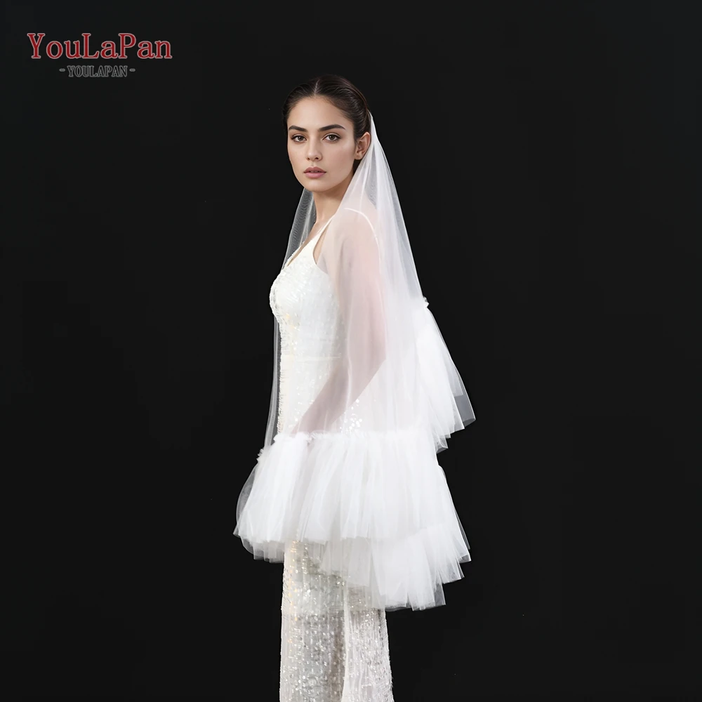 YouLaPan Two Layers Bridal Veils with Blusher Bridal Illusion Tulle Short Wedding Veil in Mesh Ruffled lace Applique Edge V183