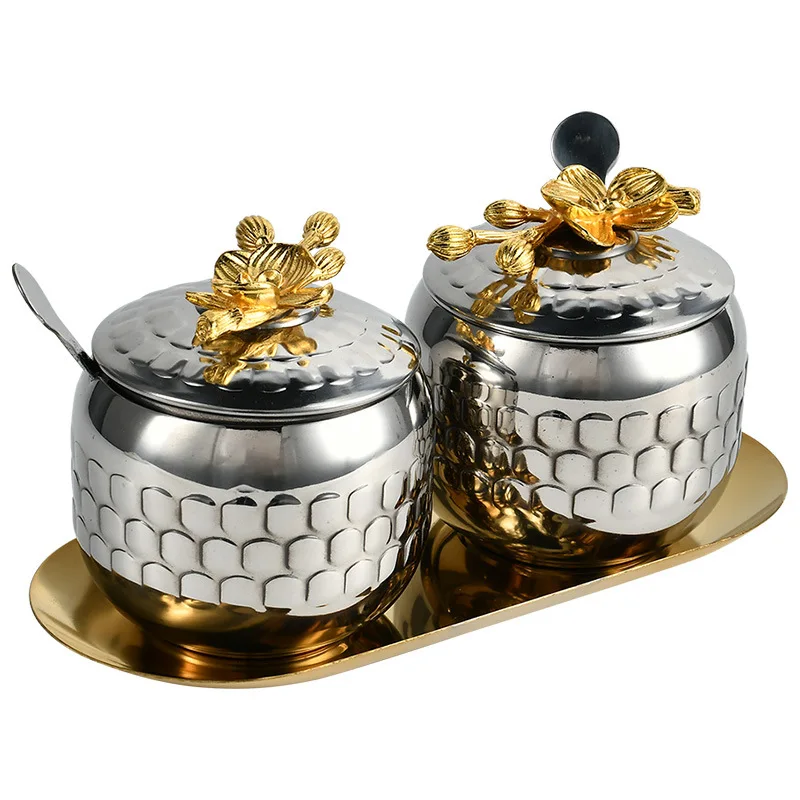 

Seasoning Jar Stainless Steel Seasoning Box Combination Flower Decoration, Sugar Salt Jar Seasoning Jar