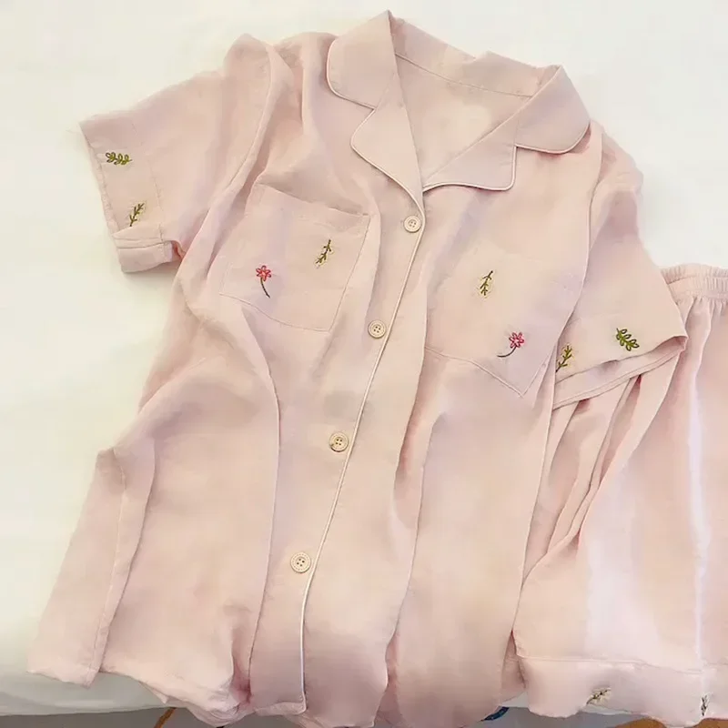 Pajamas Women's Ice Silk Short-sleeved Pajamas Suit Jacquard Plaid High-grade Home Wear Pajamas Nightwear Nightie Sleepwear