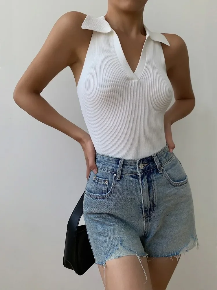 

French Ice Silk Shirt Women's 2024 Summer Wear Knitted Vest New Style Fashion Slim Lapels Sleeveless Knitwear Women's Tank Top