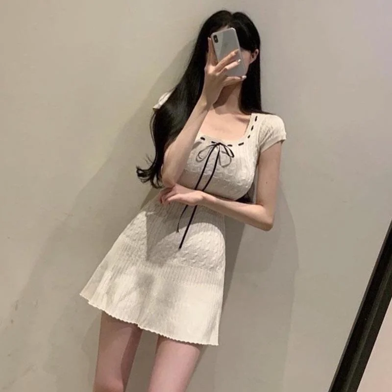 UK276 Damen-Strickkleid mit DString, U-Ne-Rock mit hoher Taille, A-Linie, süßer Sle-Sommer-Faion-Knoten