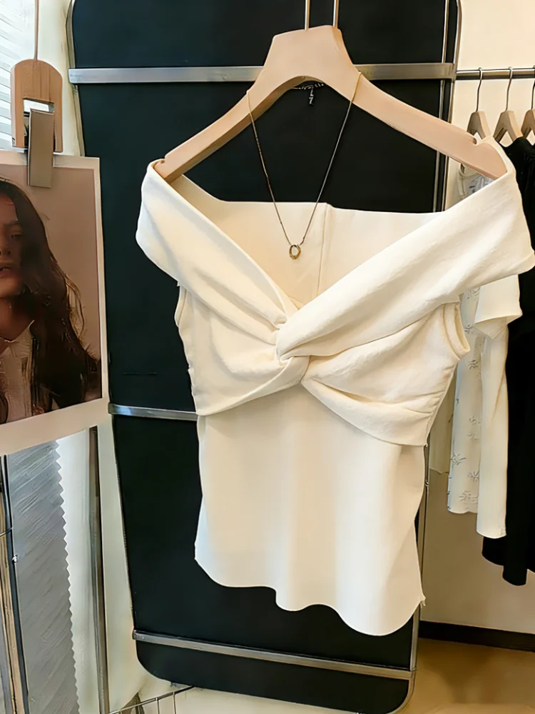 Summer New Style Women's Sexy Short Sleeveless T-shirt Knot Cross One-Shoulder Commute Korean Version Slim Fit Silk Top