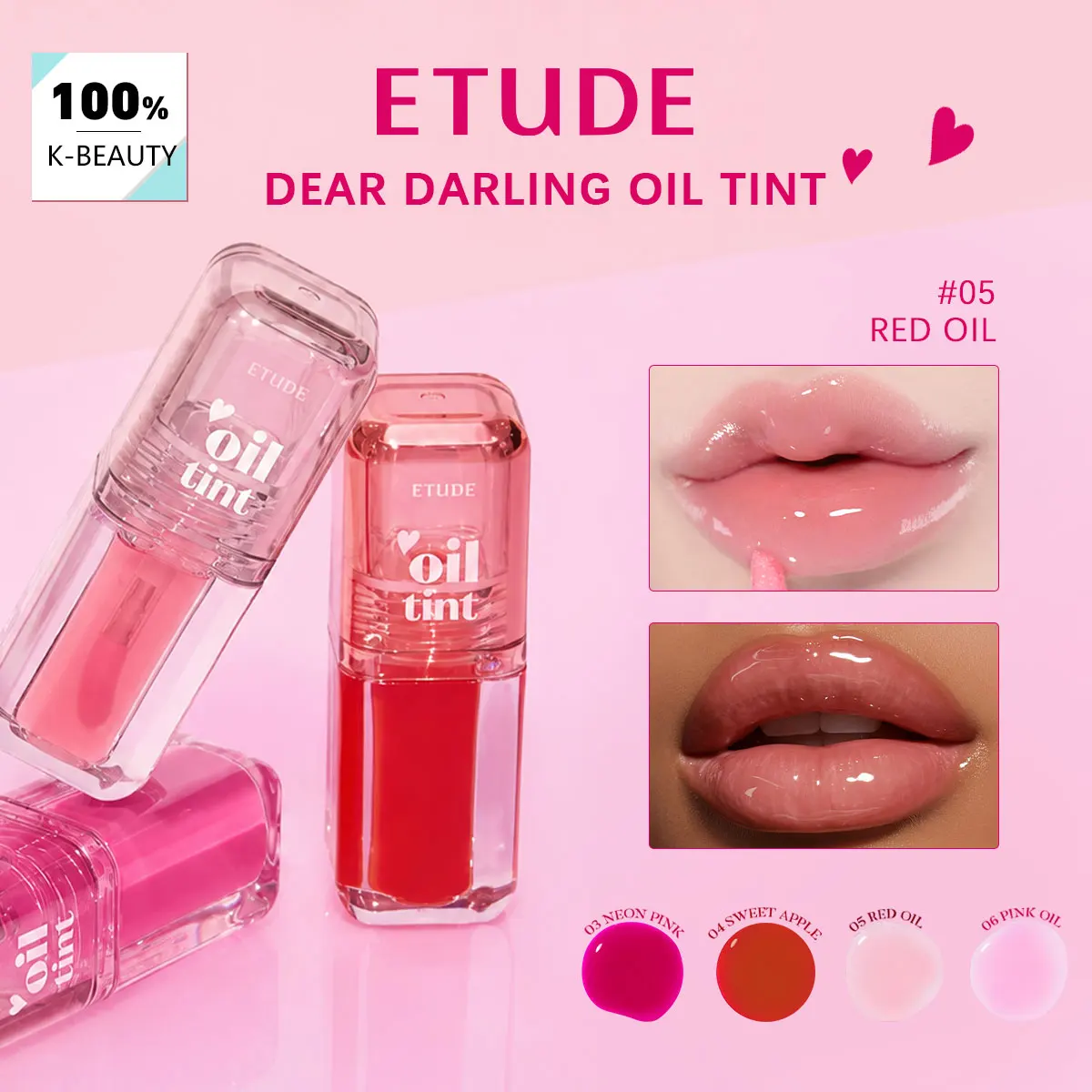 ETUDE Dear Darling Oil Tint 03-06, Glossy Watery Texture, Various Shade Choices, Korean Cosmetics, Korean Makeup
