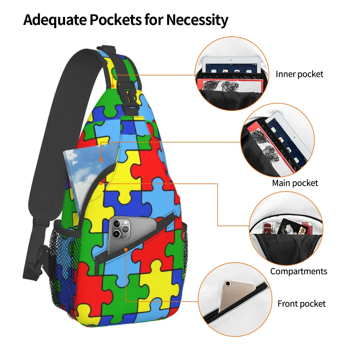 Mochila de Ombro Crossbody, Outdoor Caminhadas Daypacks, Autism Awareness Fashion Bag, Small Ribbon Sling Bag, Peito, Puzzle Pieces