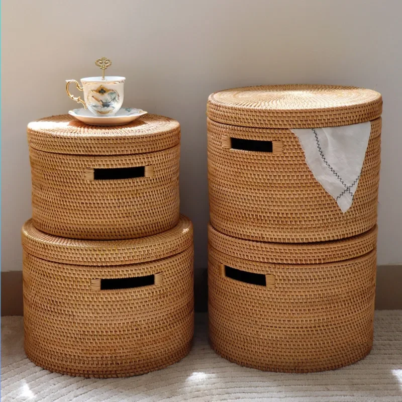 Nordic Vintage Sundries Case, Handmade Rattan Woven Storage Baskets, Dust with Cover, Organizer Box, Versatile Scene Toy Storage