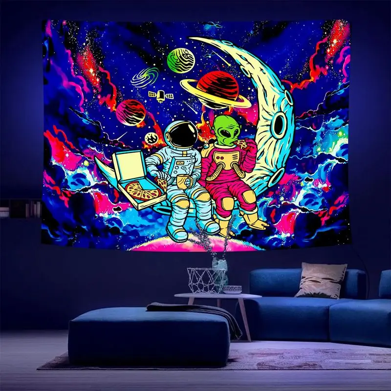 VIKAMA Blacklight Space Astronaut Alien Tapestry Galaxy Moon Planet Wall Hanging UV Glow Trippy Dorm Bedroom Wall Decor