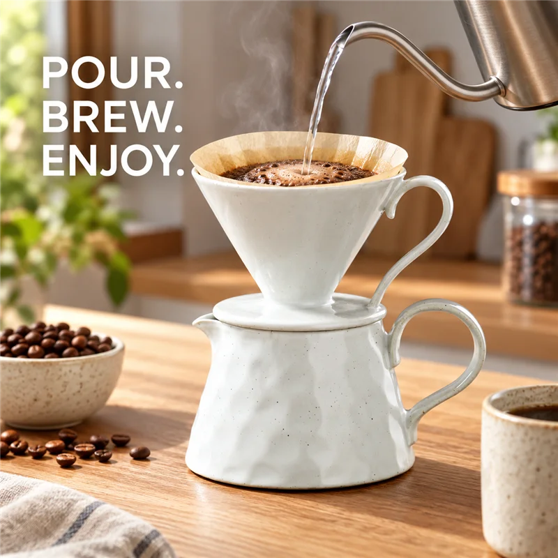 BIGE Ceramic Pour Over Coffee Set with Ribbed Dripper and 450ml Server, 9 Glaze Colors, Hand Brew Coffee Maker