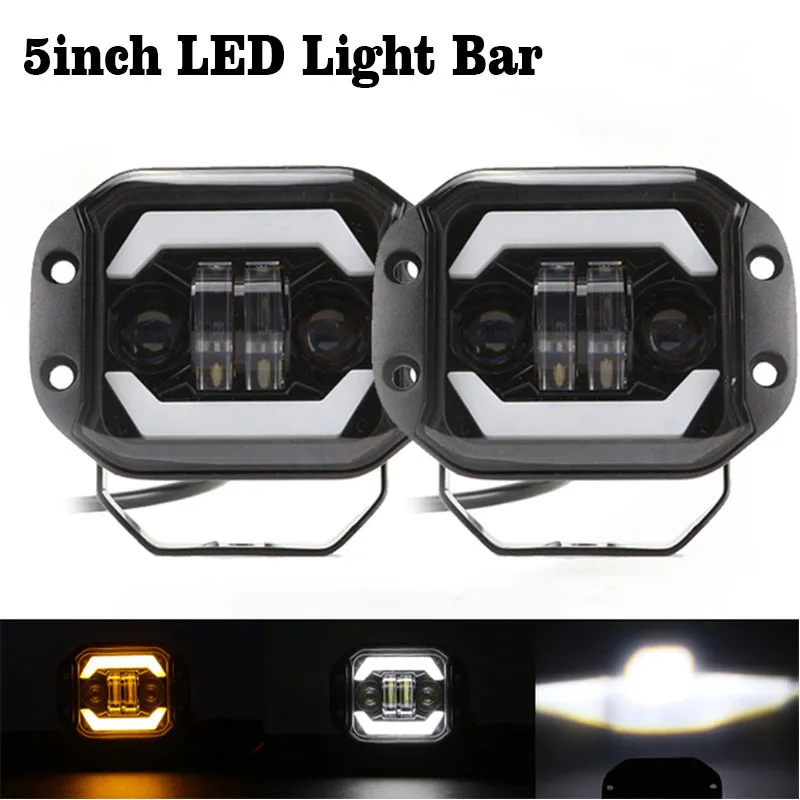 

5" Inch LED Work Light Bar Spotlight Flush Mount Headlight Angel Eyes Hi/Low Beam Off Road for 4X4 Atv Niva Lada Truck ATV UTV