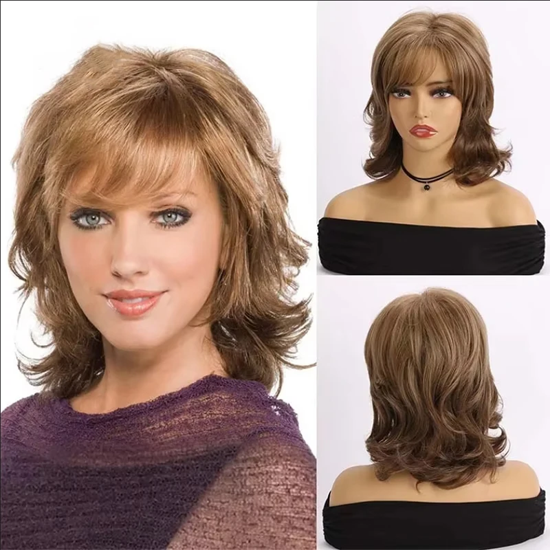 

Synthetic Brown Mixed Light Gold Wig with Bangs Short Pixie Cut Curly Nature Wig for Women Daily Cosplay Party Mommy Wig