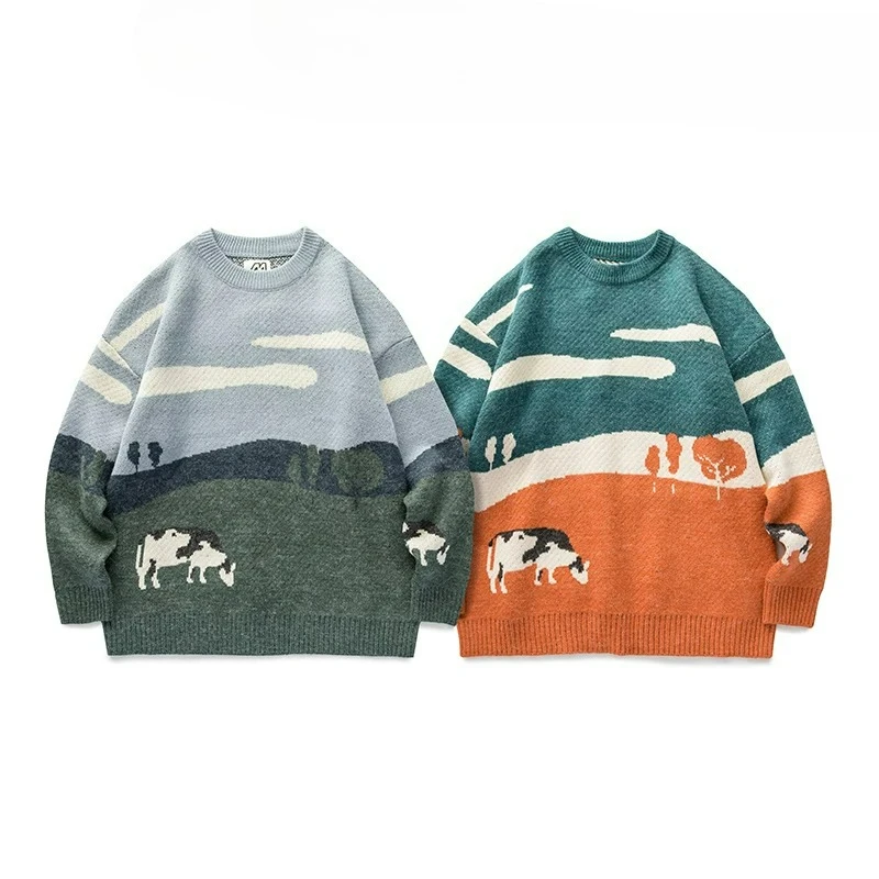 Young Men Cows Vintage Winter Shirts 2023 Sweater Mens O-Neck Korean Fashions Shirt Women Casual Harajuku Clothing