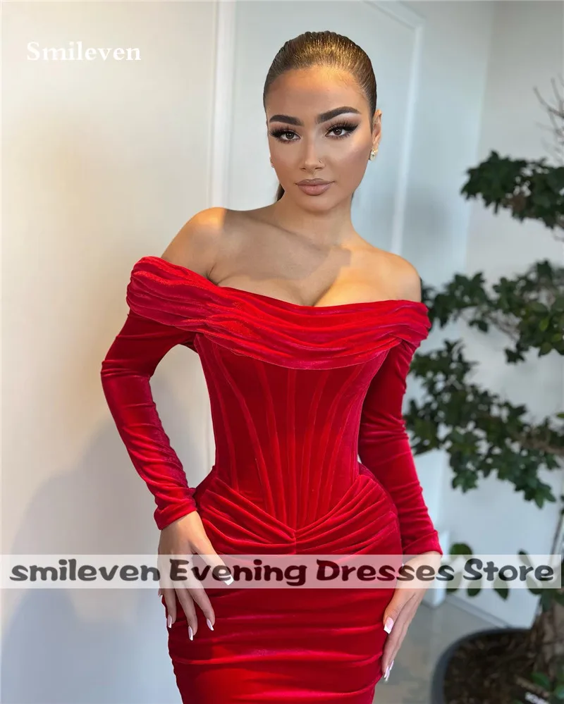 Smileven Red Velvet Strapless Mermaid Evening Dresses Pleats Long Sleeve Prom Dress Elegant Robe De Soirée Party Gowns 2023
