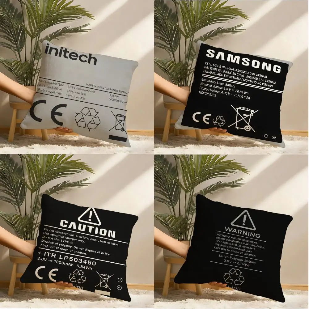 Lithium Battery Warning Label Cushion Cover Natural Linen Organic Fabric Double-Sided Printing Sofa Home Decor Gift Pillow Cover